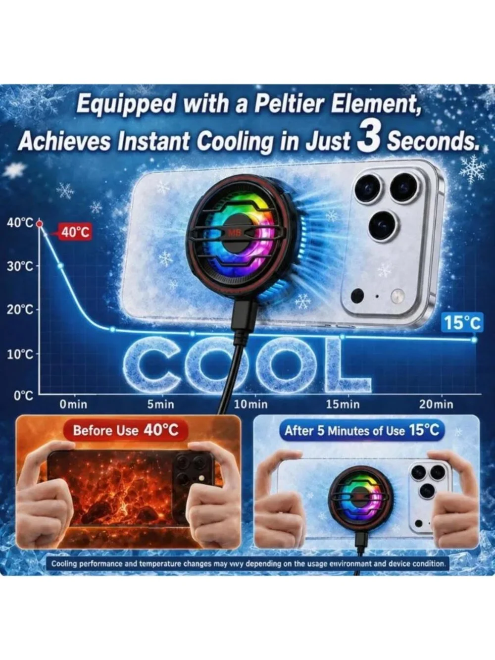 Magnetic Phone Cooler & 15W Fast Wireless Charger with RGB LED Light